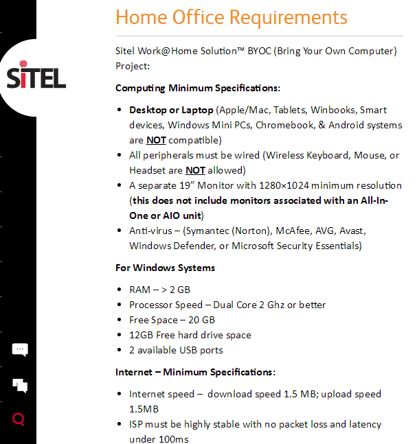 work from home office requirements sitel